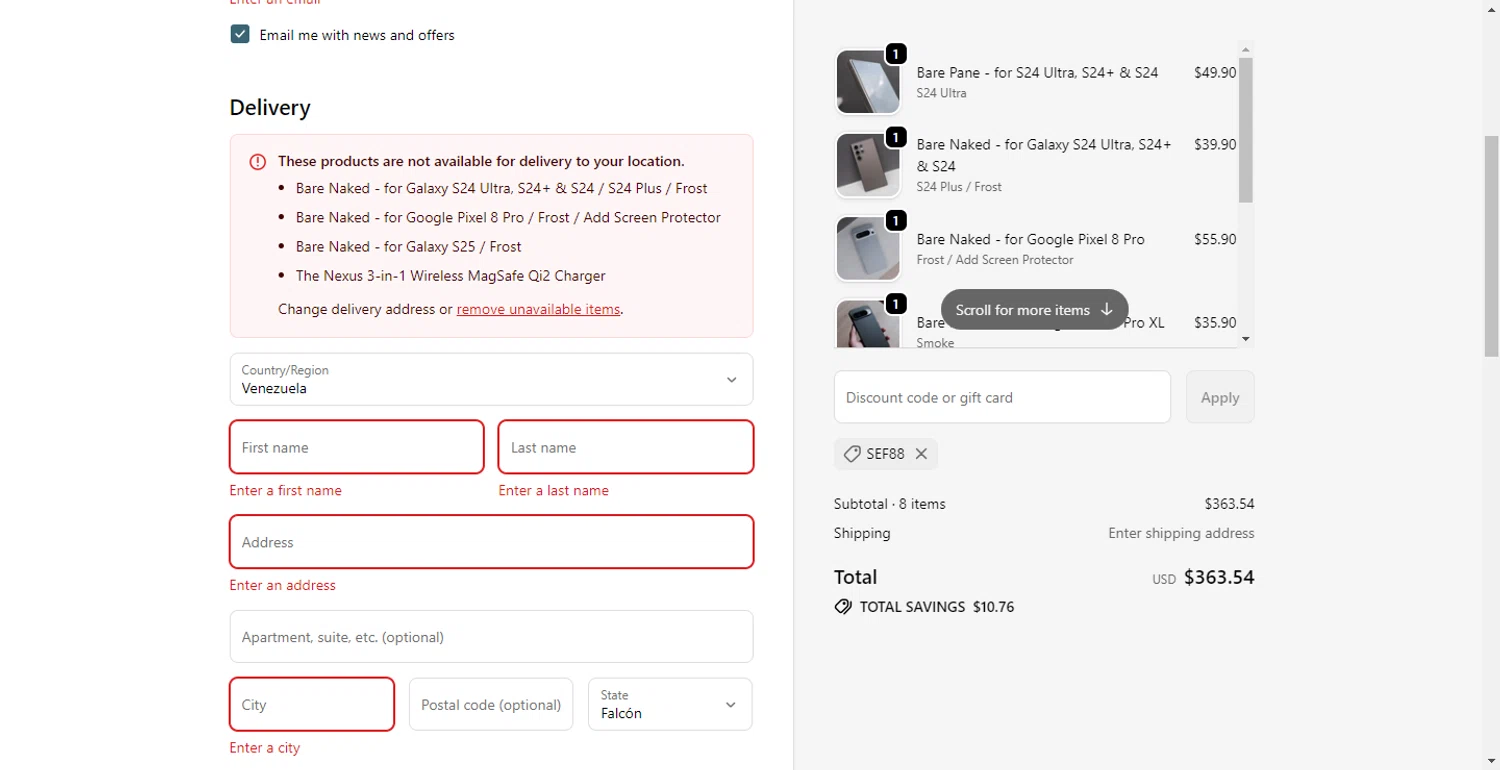 Bare Cases promo code screenshot showing code SEF88 applied at Bare Cases checkout page. Uploaded by SimplyCodes community member RewardLion6202 on Nov 3, 2025