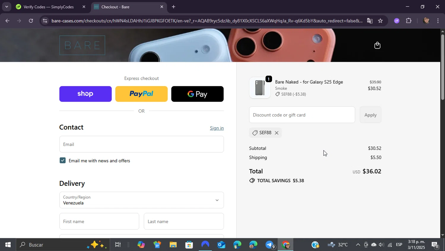 Bare Cases promo code screenshot showing code SEF88 applied at Bare Cases checkout page. Uploaded by SimplyCodes community member ShieldEagle9436 on Nov 3, 2025