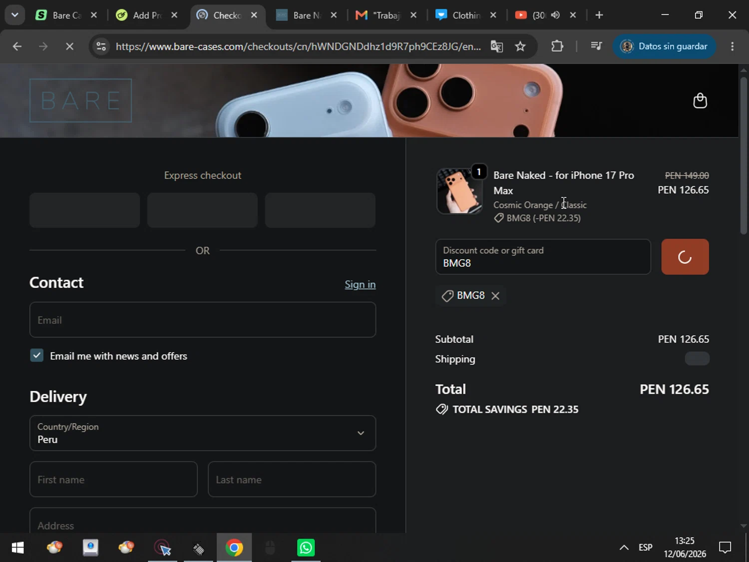 Bare Cases promo code screenshot showing code BMG8 applied at Bare Cases checkout page. Uploaded by SimplyCodes community member MarcosAranguren on Jun 12, 2026