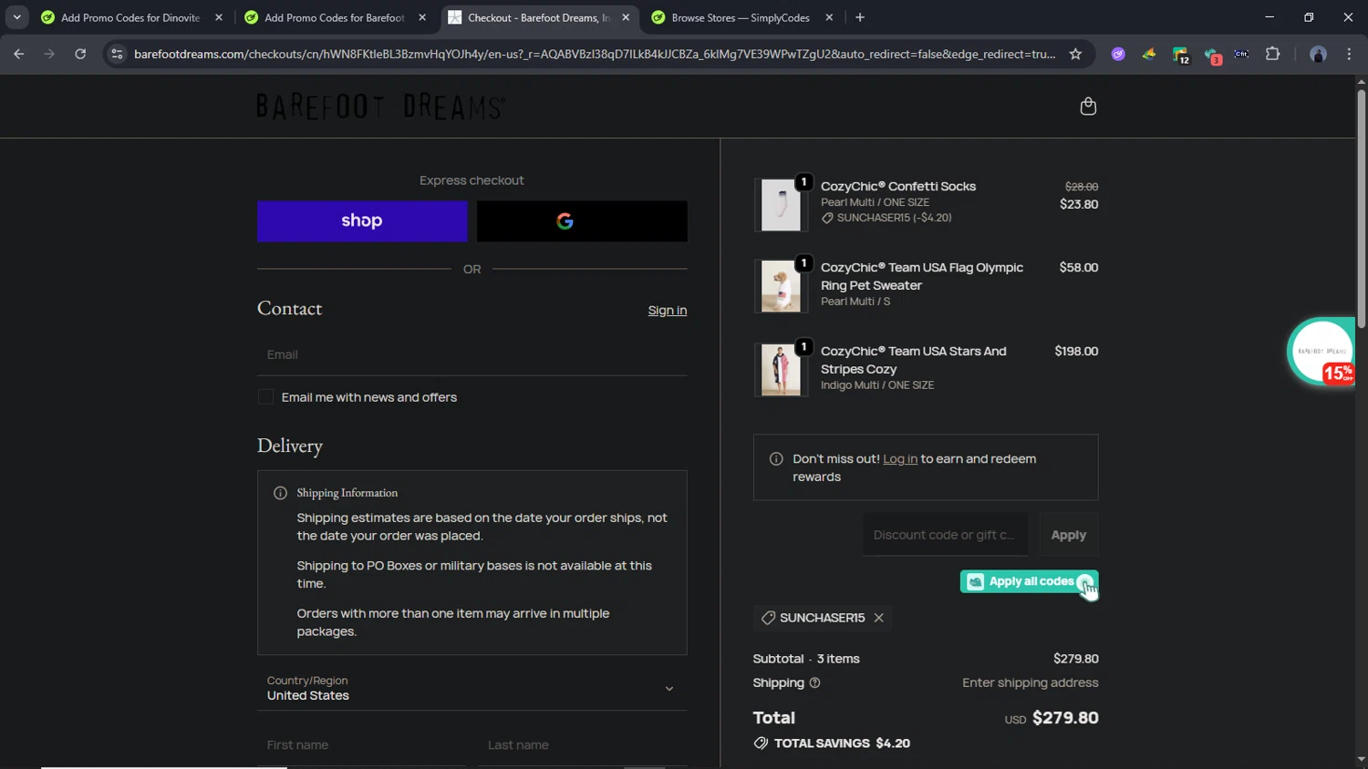 Barefoot Dreams promo code screenshot showing code SUNCHASER15 applied at Barefoot Dreams checkout page. Uploaded by SimplyCodes community member Time_sin_filtro on Jan 31, 2026