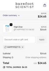 HAPPYFEET15 coupon verification screenshot