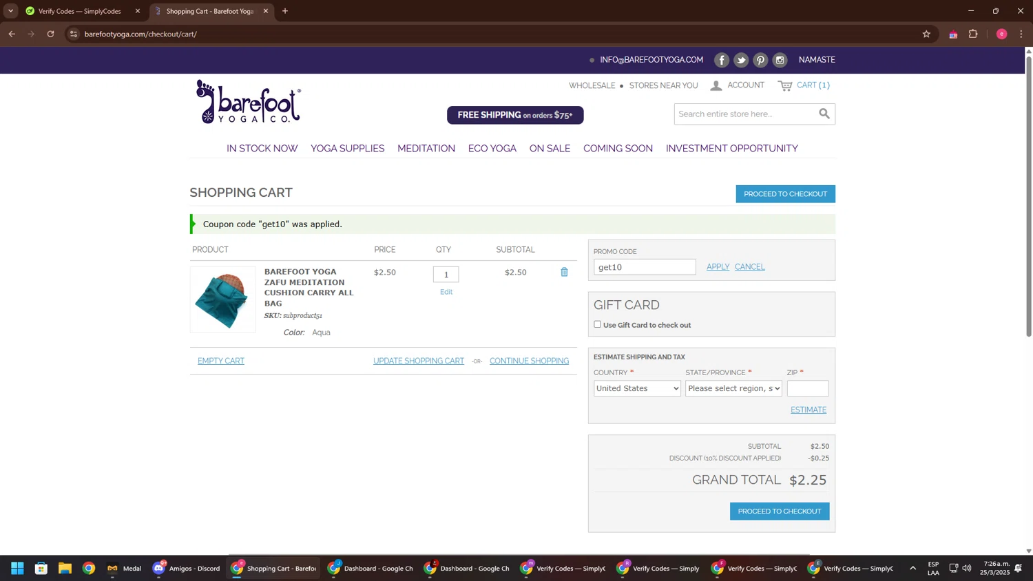 Barefoot Yoga Co promo code screenshot showing code get10 applied at Barefoot Yoga Co checkout page. Uploaded by SimplyCodes community member TreasureWarden457 on Mar 25, 2025