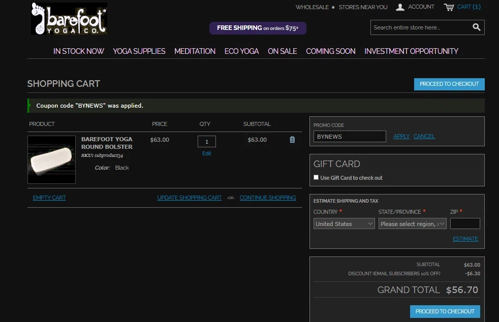 Barefoot Yoga Co checkout page showing Barefoot Yoga Co promo code box | Screenshot taken by SimplyCodes community member on Aug 3, 2023