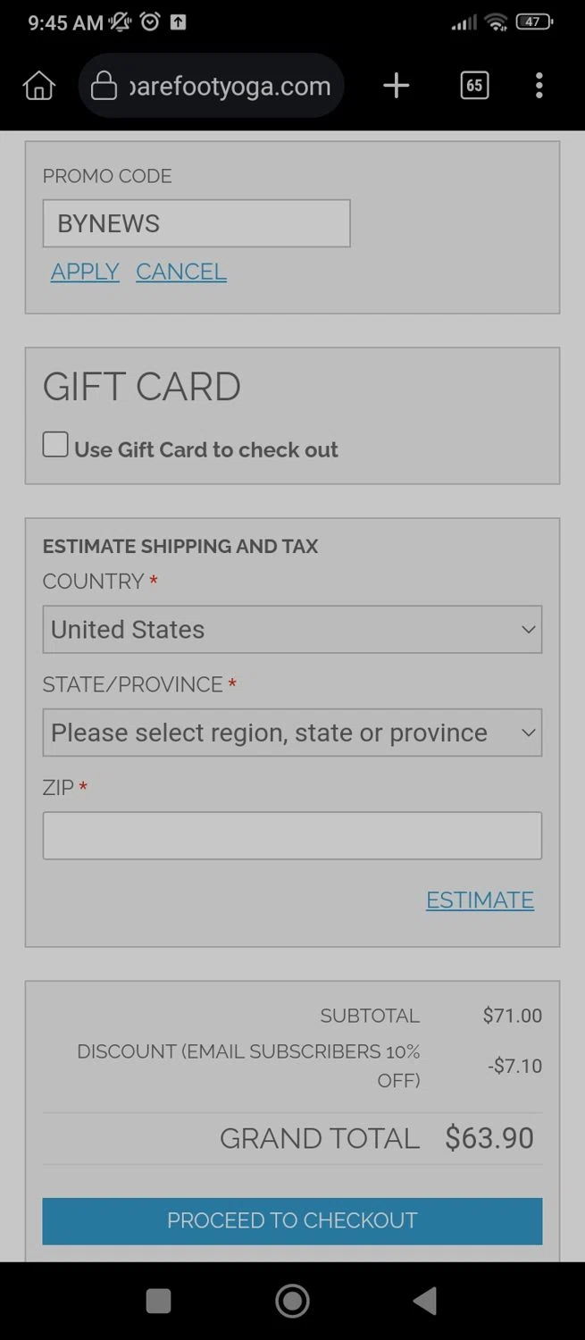 Barefoot Yoga Co promo code screenshot showing code BYNEWS applied at Barefoot Yoga Co checkout page. Uploaded by SimplyCodes community member User07 on May 20, 2025