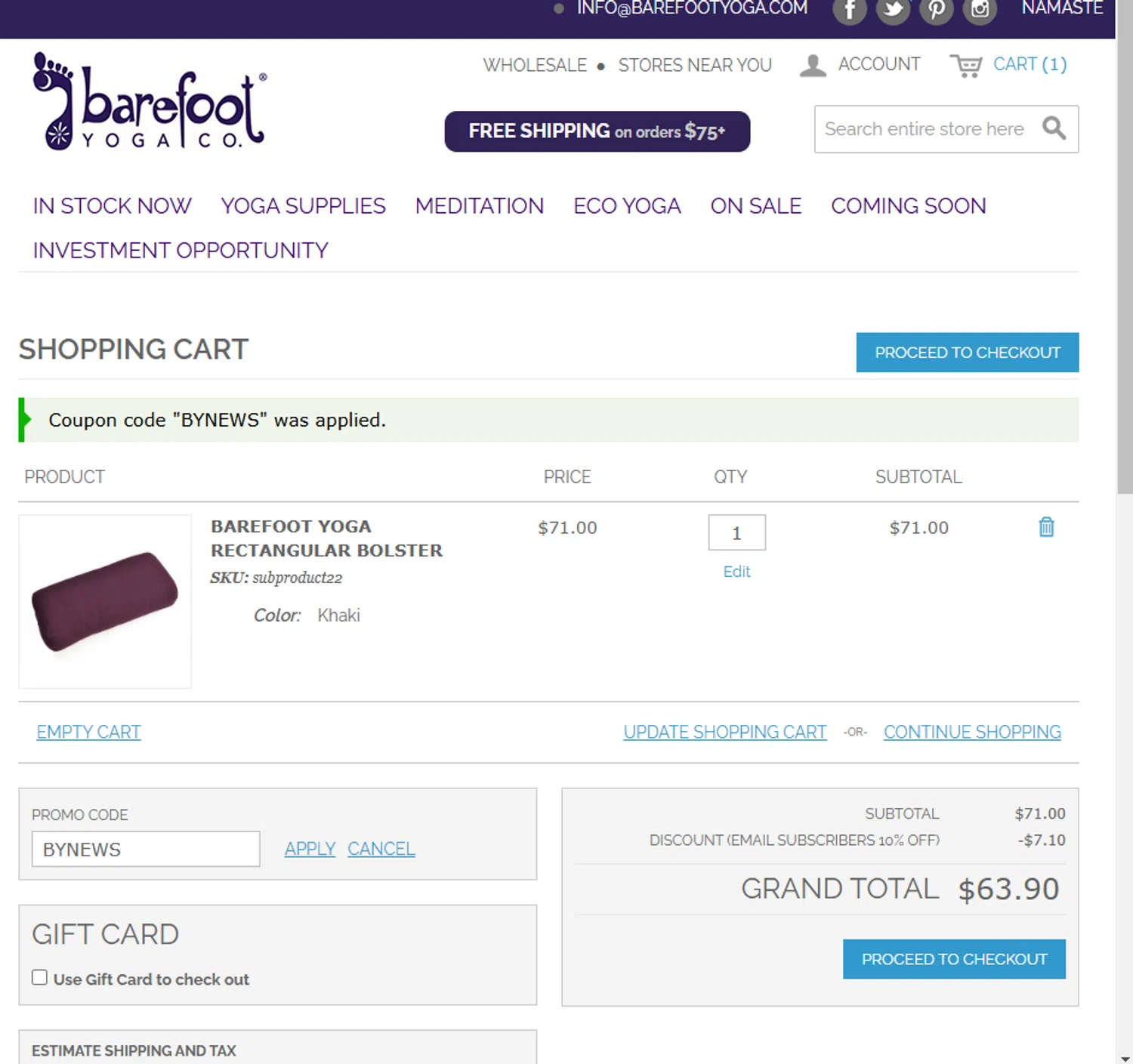 Barefoot Yoga Co promo code screenshot showing code BYNEWS applied at Barefoot Yoga Co checkout page. Uploaded by SimplyCodes community member Woskal on Mar 25, 2025
