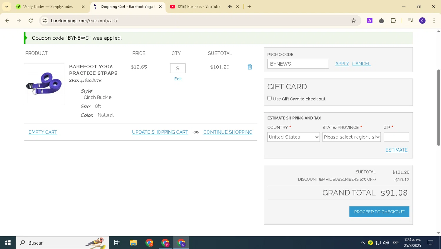 Barefoot Yoga Co promo code screenshot showing code BYNEWS applied at Barefoot Yoga Co checkout page. Uploaded by SimplyCodes community member alexanderarnold on Mar 25, 2025
