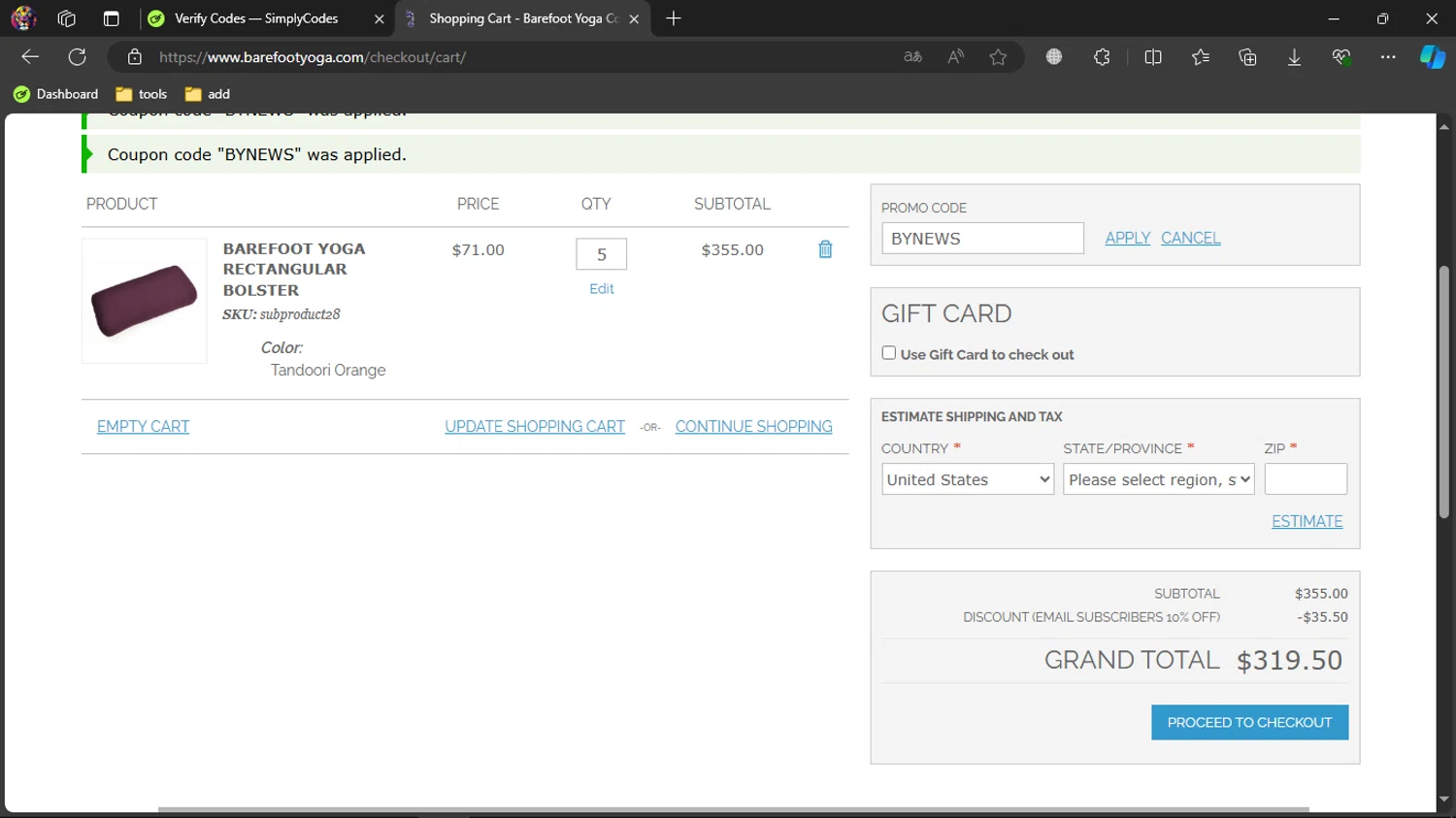 Barefoot Yoga Co checkout page showing Barefoot Yoga Co promo code box | Screenshot taken by SimplyCodes community member on Sep 6, 2024