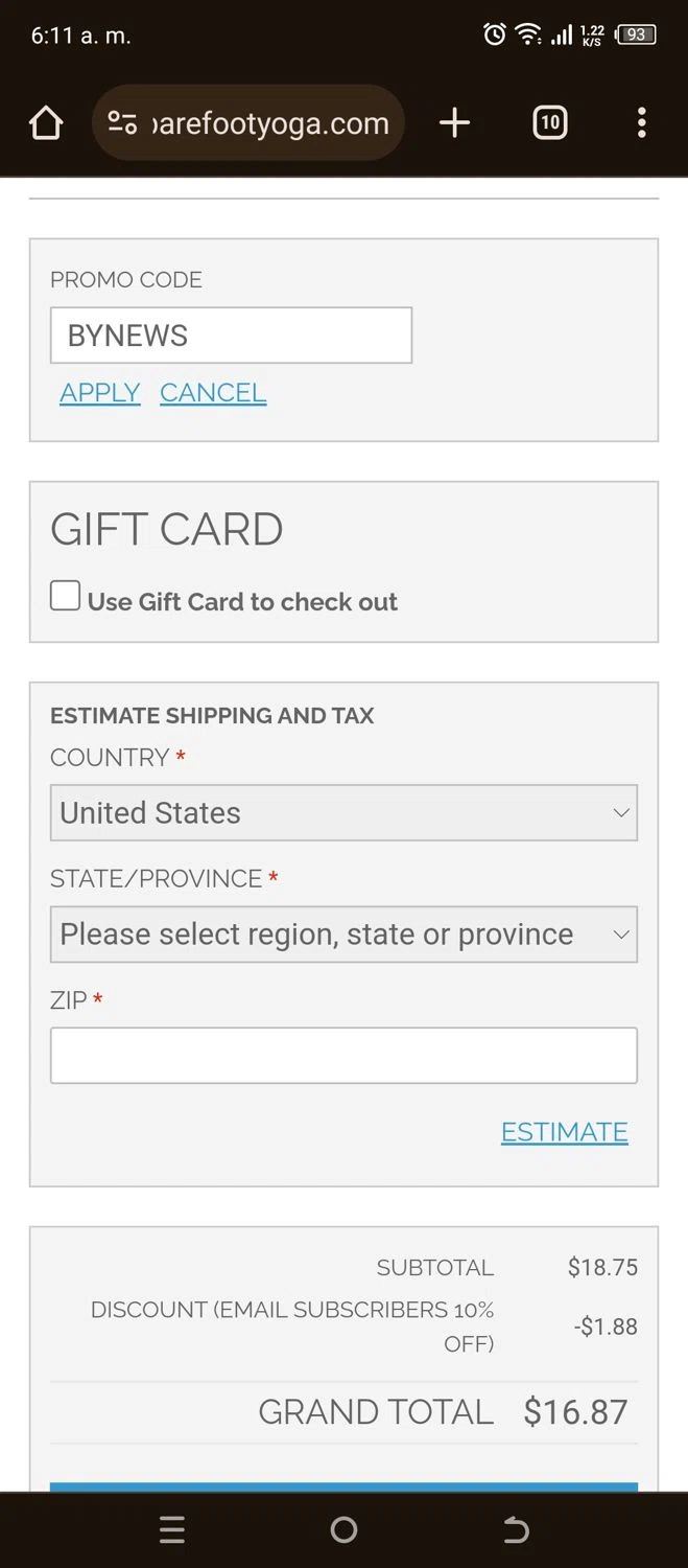 Barefoot Yoga Co checkout page showing Barefoot Yoga Co promo code box | Screenshot taken by SimplyCodes community member on Feb 19, 2024