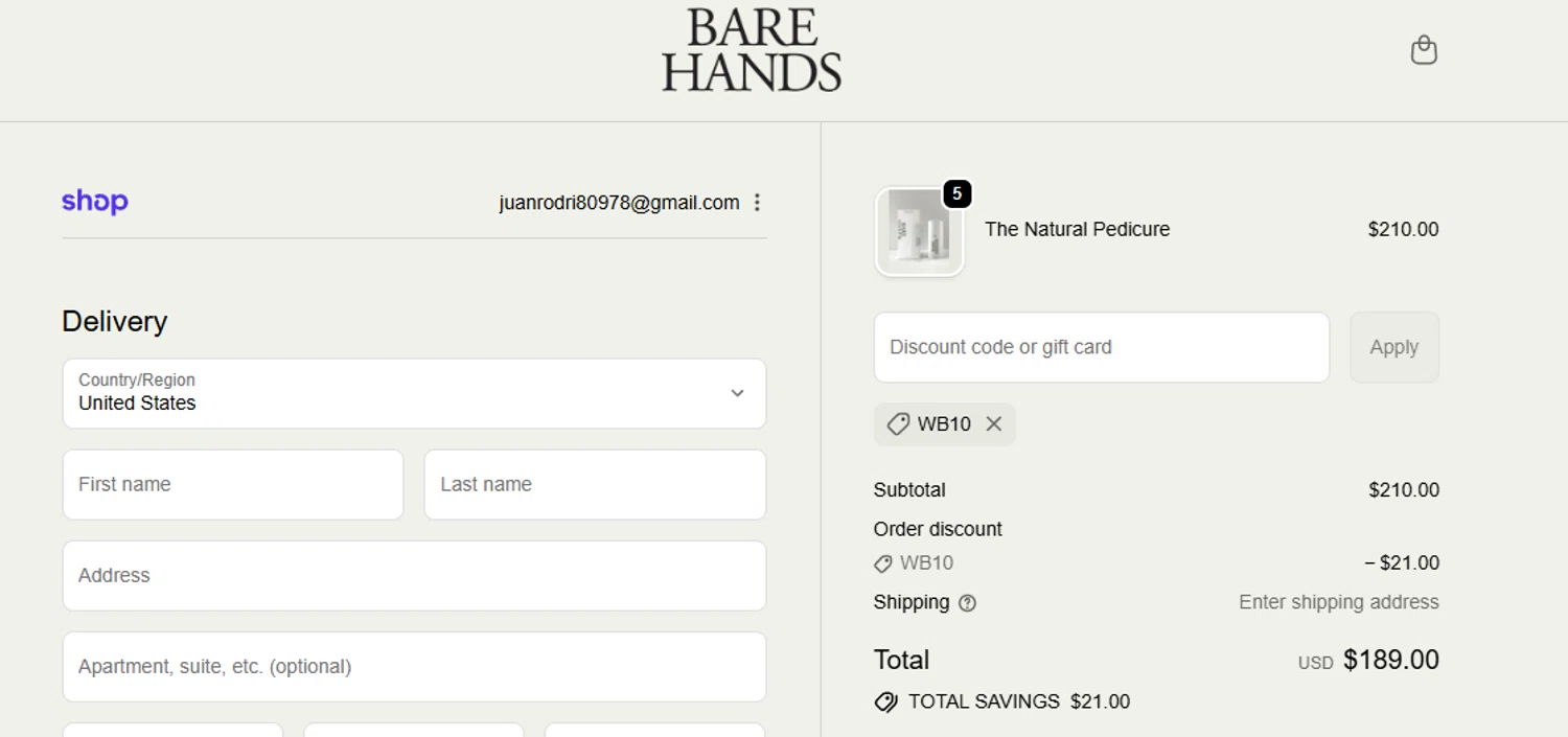 Bare Hands US promo code screenshot showing code WB10 applied at Bare Hands US checkout page. Uploaded by SimplyCodes community member Sarabiao on Nov 24, 2025