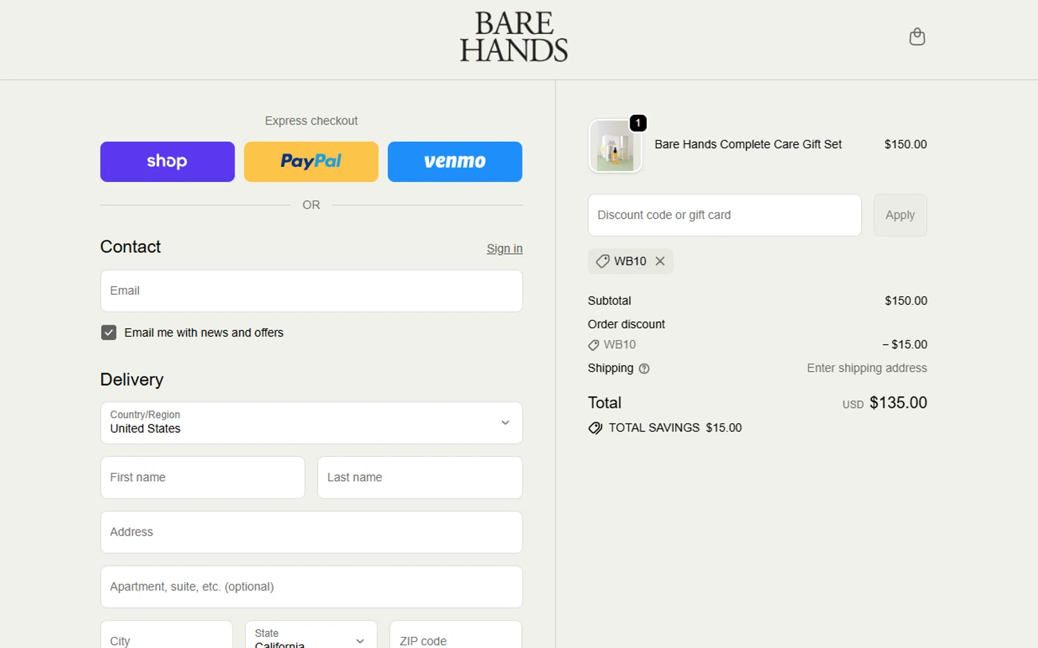 Bare Hands US promo code screenshot showing code WB10 applied at Bare Hands US checkout page. Uploaded by SimplyCodes community member joandgray9 on Oct 3, 2025