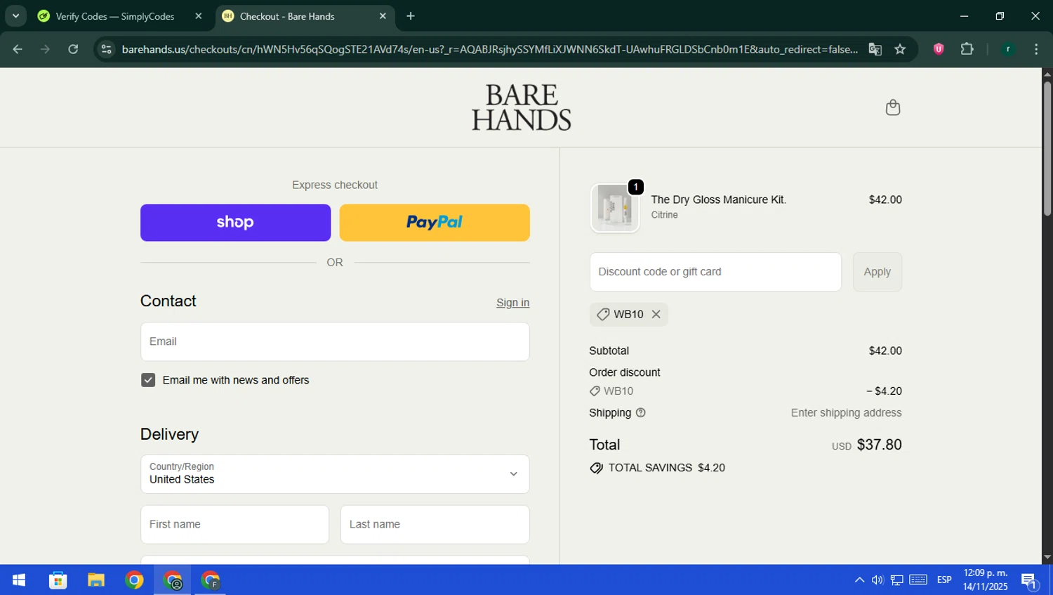 Bare Hands US promo code screenshot showing code WB10 applied at Bare Hands US checkout page. Uploaded by SimplyCodes community member rodri1 on Nov 14, 2025
