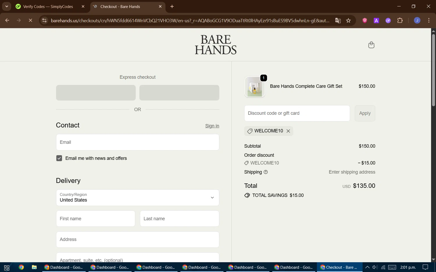 Bare Hands US promo code screenshot showing code WELCOME10 applied at Bare Hands US checkout page. Uploaded by SimplyCodes community member DealFinder1711 on Nov 24, 2025