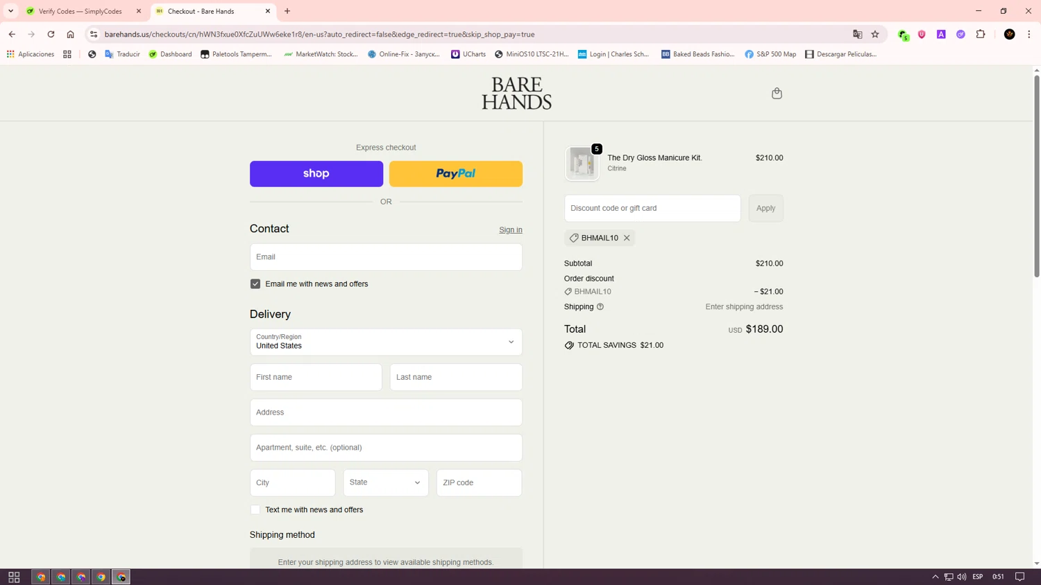 Bare Hands US promo code screenshot showing code BHMAIL10 applied at Bare Hands US checkout page. Uploaded by SimplyCodes community member Alkelino74 on Oct 3, 2025