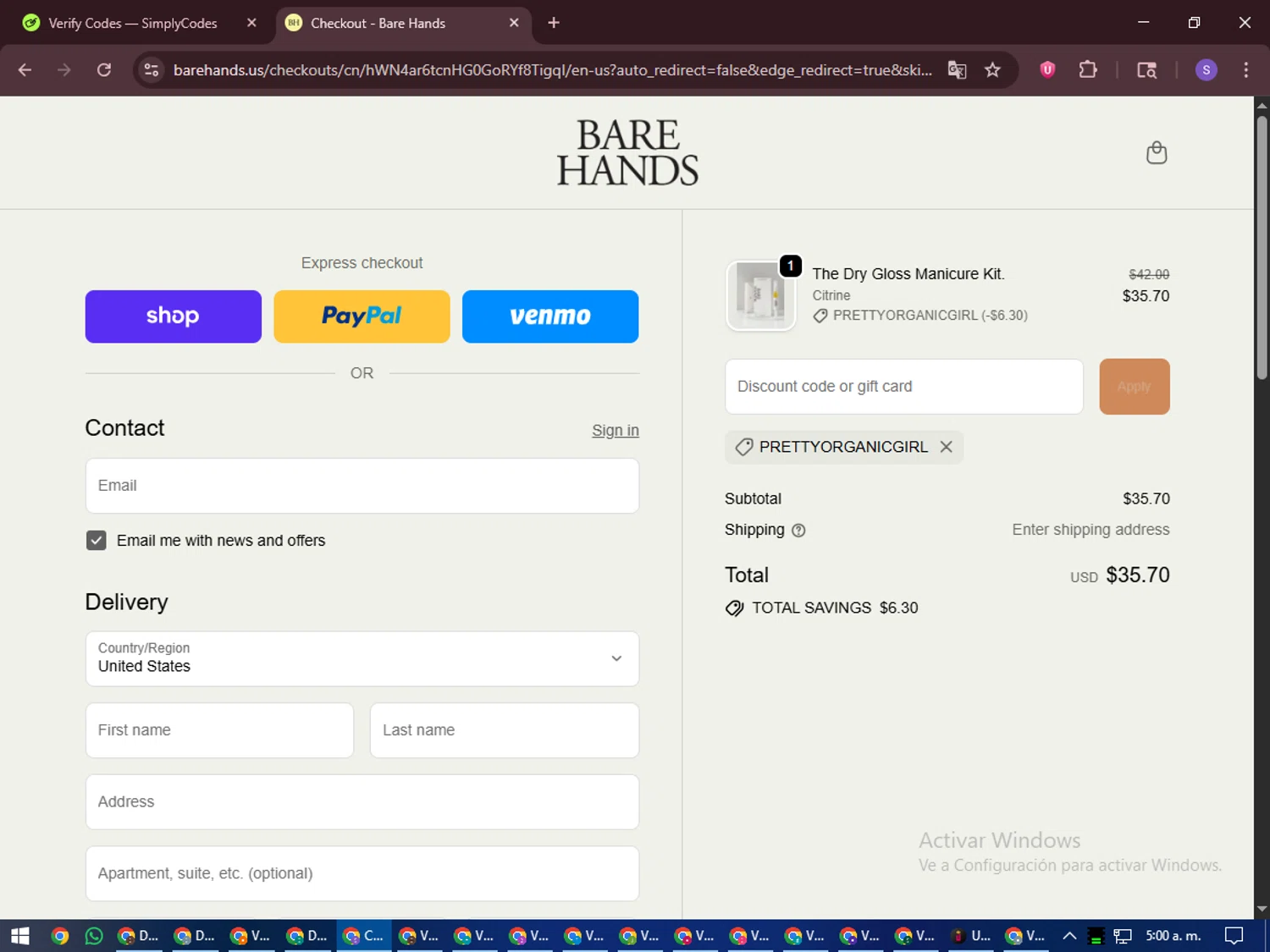 Bare Hands US promo code screenshot showing code PRETTYORGANICGIRL applied at Bare Hands US checkout page. Uploaded by SimplyCodes community member LuckyVoyager688 on Oct 27, 2025