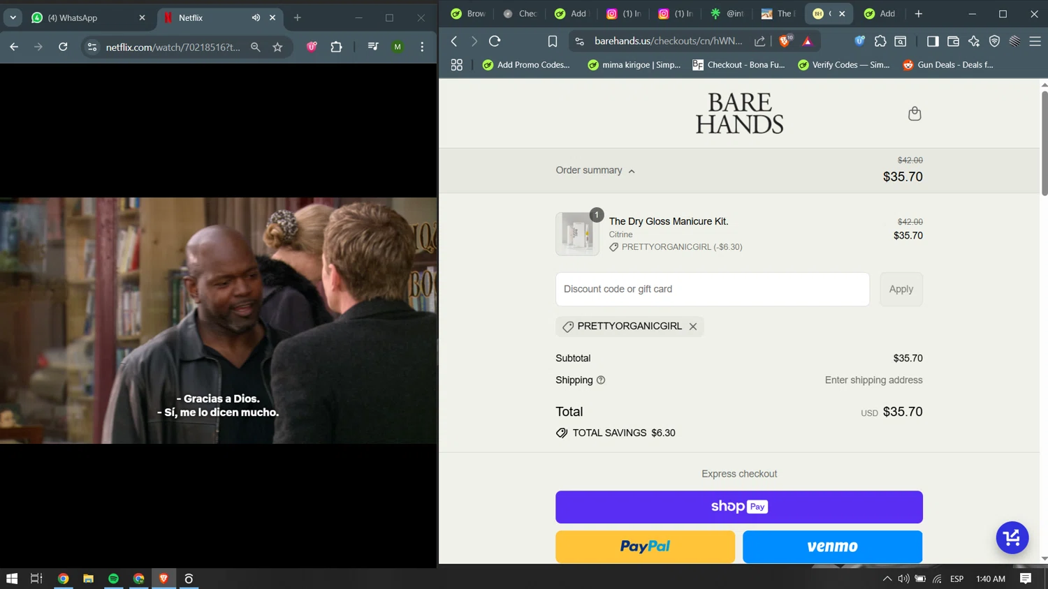 Bare Hands US promo code screenshot showing code PRETTYORGANICGIRL applied at Bare Hands US checkout page. Uploaded by SimplyCodes community member becomeaware on Aug 5, 2025