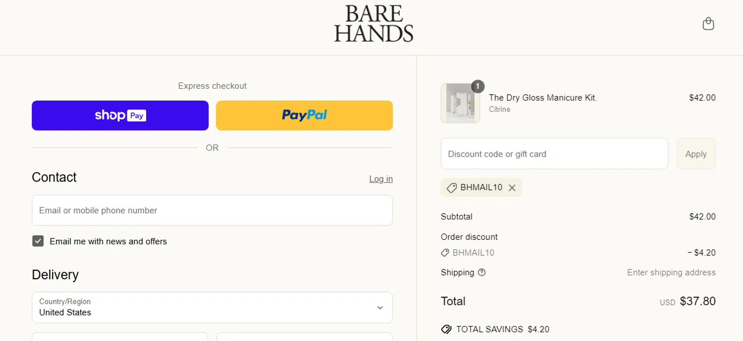 Bare Hands US promo code screenshot showing code BHMAIL10 applied at Bare Hands US checkout page. Uploaded by SimplyCodes community member jesspea on Apr 12, 2025