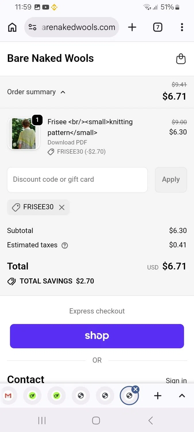 Bare Naked Wools promo code screenshot showing code FRISEE30 applied at Bare Naked Wools checkout page. Uploaded by SimplyCodes community member ScanMaverick9378 on Jun 5, 2026