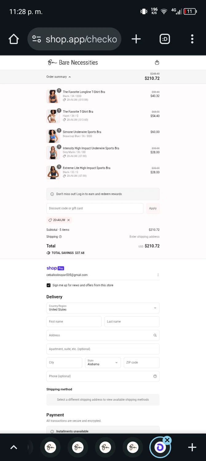 Bare Necessities promo code screenshot showing code 20-AVJW applied at Bare Necessities checkout page. Uploaded by SimplyCodes community member Bernado on Jul 16, 2025