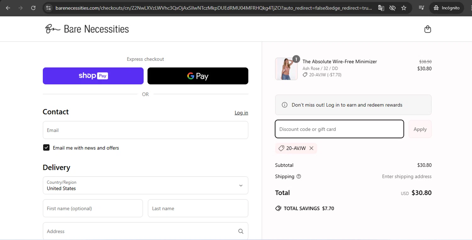 Bare Necessities promo code screenshot showing code 20-AVJW applied at Bare Necessities checkout page. Uploaded by SimplyCodes community member UchihaMadara on Apr 4, 2025