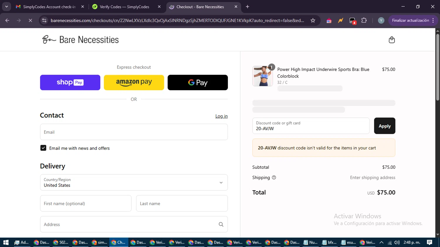 Bare Necessities promo code screenshot showing code 20-AVJW applied at Bare Necessities checkout page. Uploaded by SimplyCodes community member MoneyTiger5162 on Apr 25, 2025