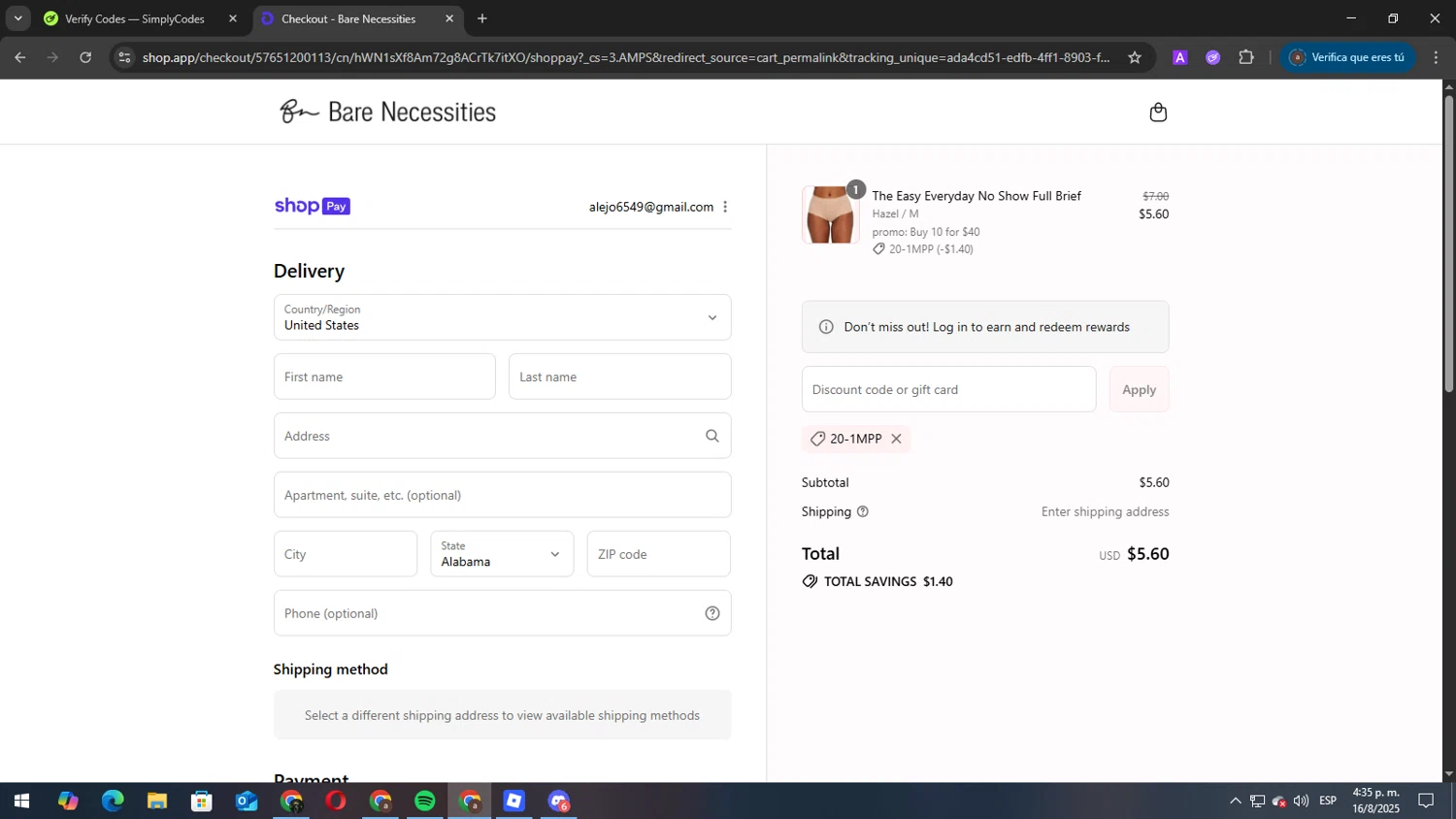 Bare Necessities promo code screenshot showing code 20-1mpp applied at Bare Necessities checkout page. Uploaded by SimplyCodes community member elbicho22 on Aug 16, 2025