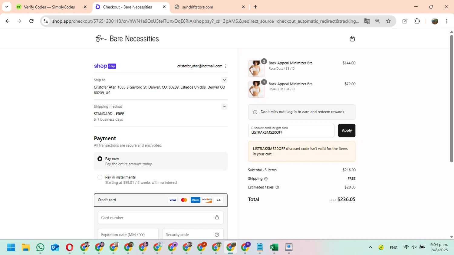 Bare Necessities promo code screenshot showing code LISTRAKSMS20OFF applied at Bare Necessities checkout page. Uploaded by SimplyCodes community member Phoenix23 on Aug 9, 2025