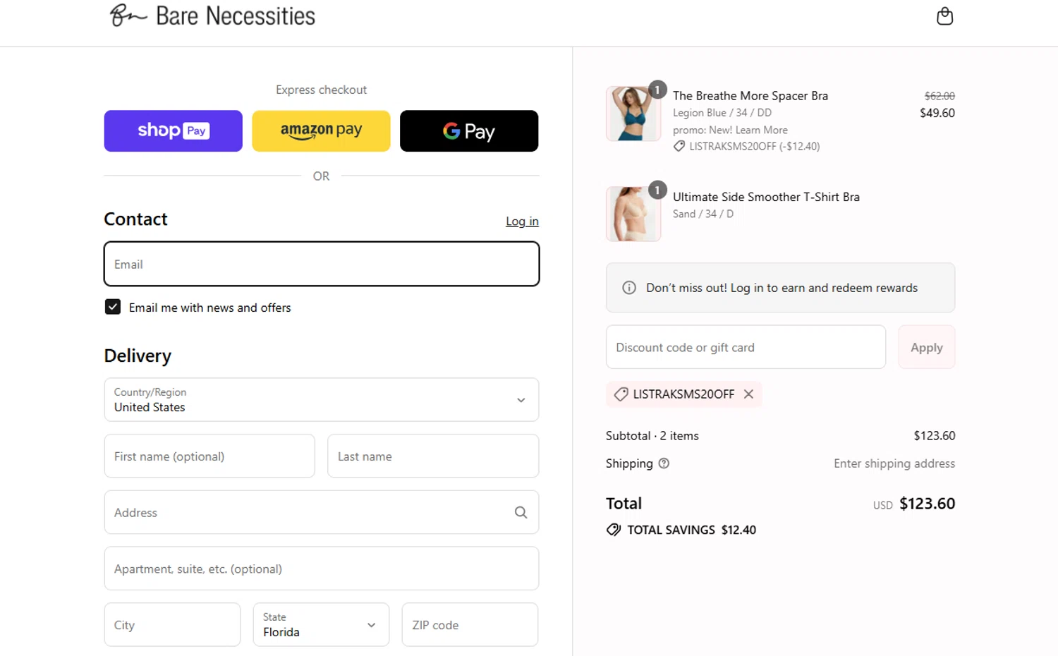 Bare Necessities promo code screenshot showing code LISTRAKSMS20OFF applied at Bare Necessities checkout page. Uploaded by SimplyCodes community member VictoriousFinder8211 on Aug 9, 2025