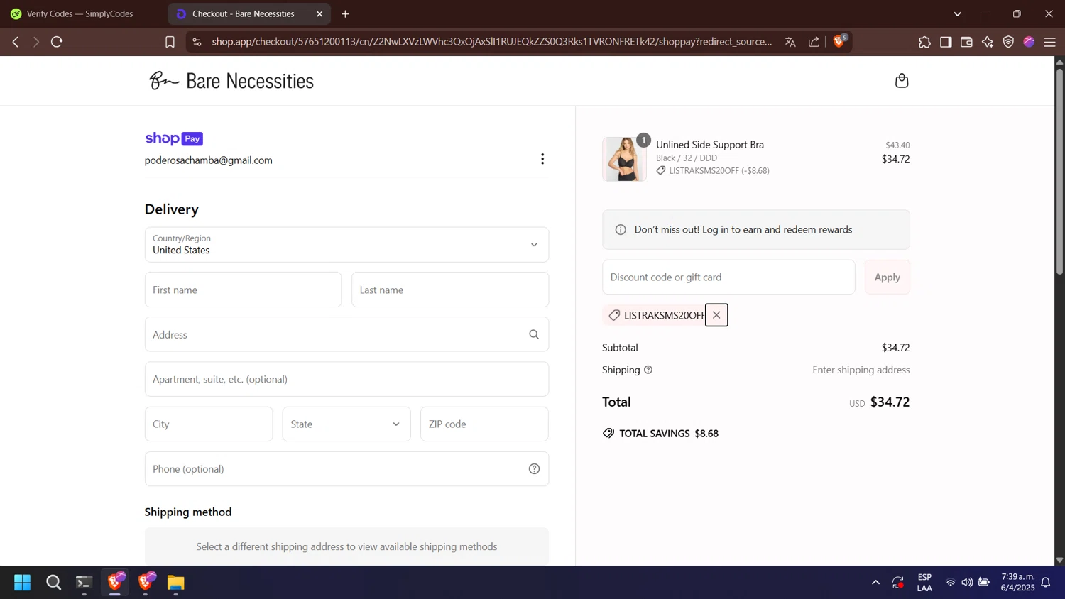 Bare Necessities promo code screenshot showing code LISTRAKSMS20OFF applied at Bare Necessities checkout page. Uploaded by SimplyCodes community member missfortu on Apr 6, 2025