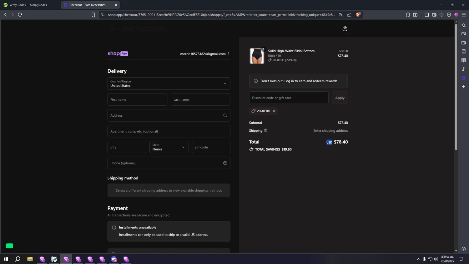 Bare Necessities promo code screenshot showing code 20-0C0H applied at Bare Necessities checkout page. Uploaded by SimplyCodes community member CoheteFast on Aug 26, 2025