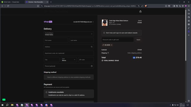 Bare Necessities checkout page showing Bare Necessities promo code box | Screenshot taken by SimplyCodes community member on Aug 26, 2025