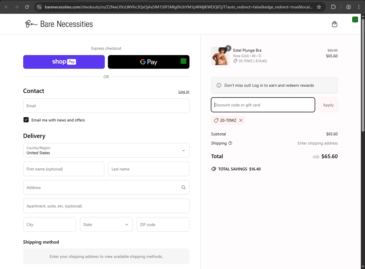 Bare Necessities promo code screenshot showing code 20-T0WZ applied at Bare Necessities checkout page. Uploaded by SimplyCodes community member Scrooge on Apr 18, 2025