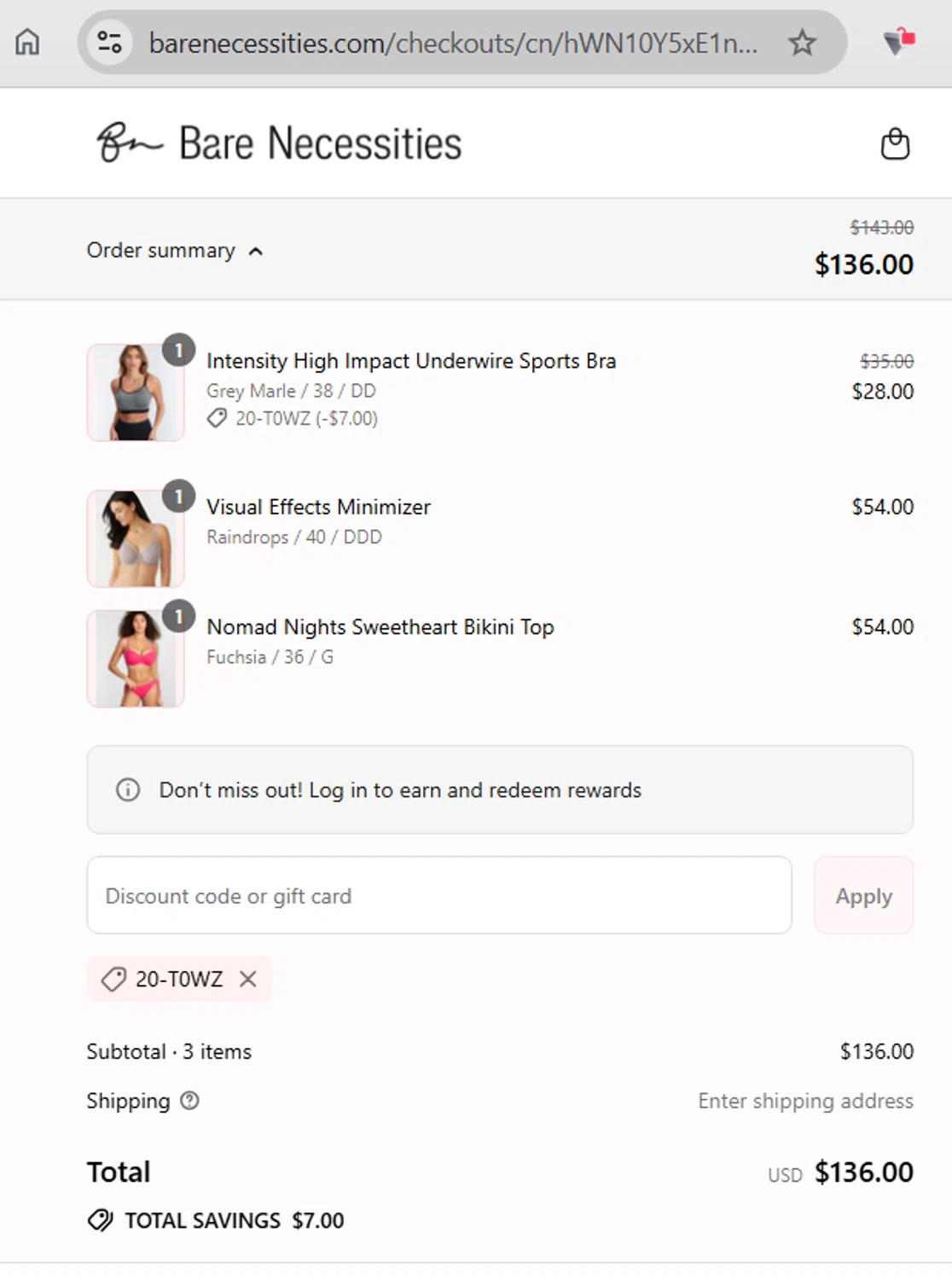 Bare Necessities promo code screenshot showing code 20-T0WZ applied at Bare Necessities checkout page. Uploaded by SimplyCodes community member WonderExpert2552 on Jul 24, 2025