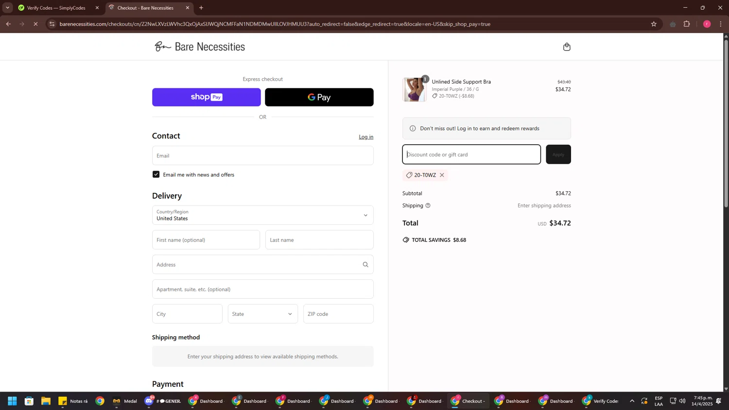Bare Necessities promo code screenshot showing code 20-T0WZ applied at Bare Necessities checkout page. Uploaded by SimplyCodes community member CouponSage7331 on Apr 14, 2025