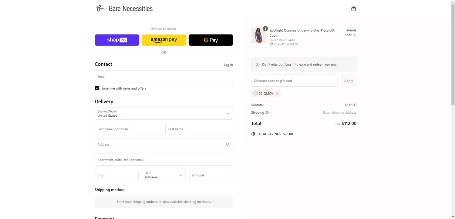 Bare Necessities promo code screenshot showing code 20-QMCV applied at Bare Necessities checkout page. Uploaded by SimplyCodes community member WonderSleuth9696 on May 18, 2025