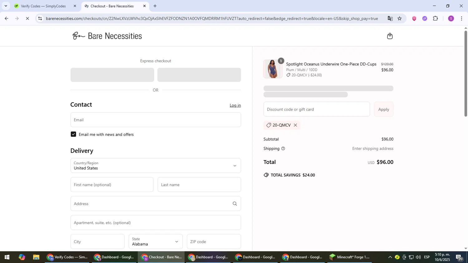 Bare Necessities promo code screenshot showing code 20-QMCV applied at Bare Necessities checkout page. Uploaded by SimplyCodes community member Son_Goku on Jun 10, 2025