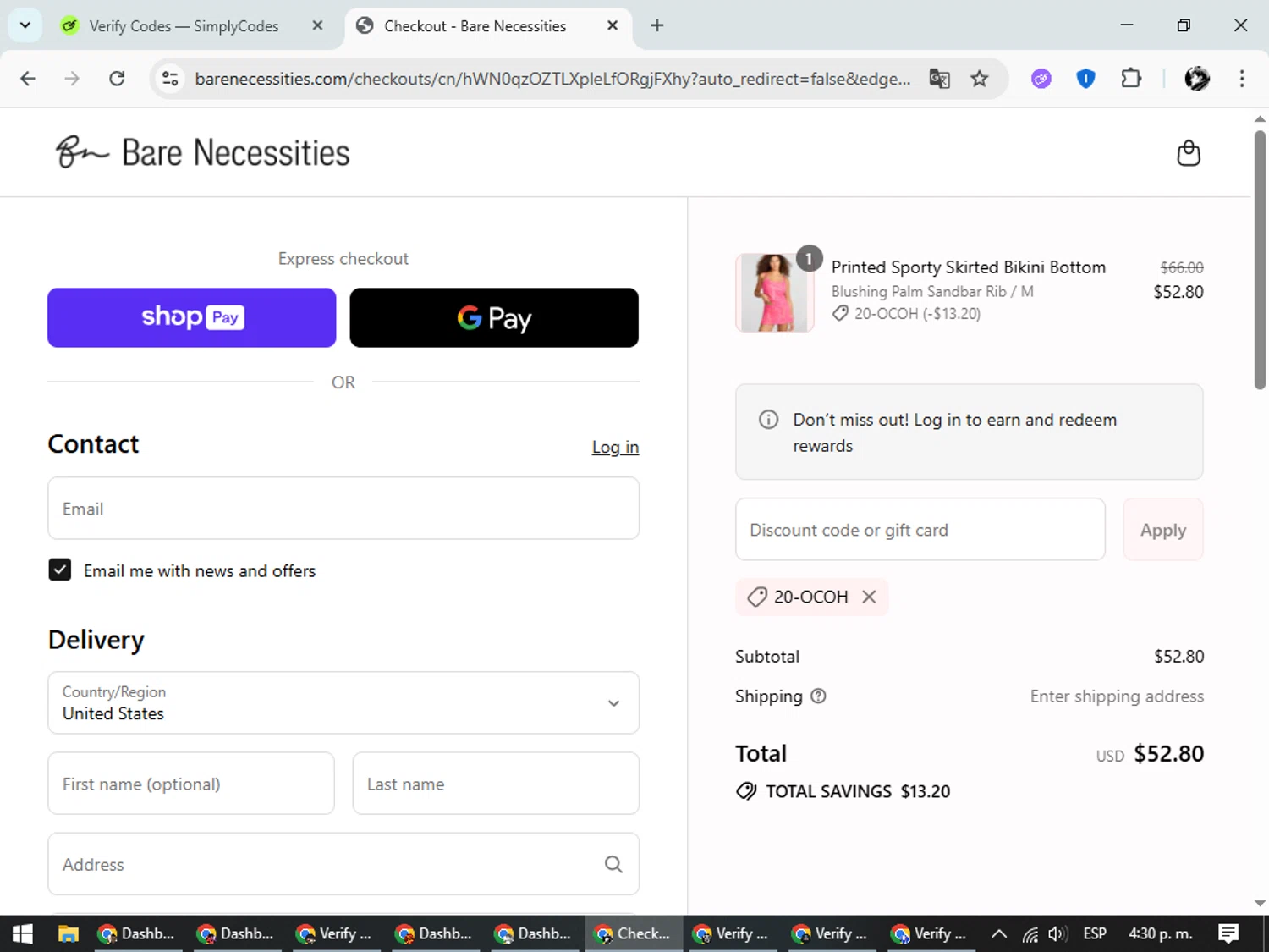 Bare Necessities promo code screenshot showing code 20-OCOH applied at Bare Necessities checkout page. Uploaded by SimplyCodes community member SavvyChaser6563 on Jul 20, 2025