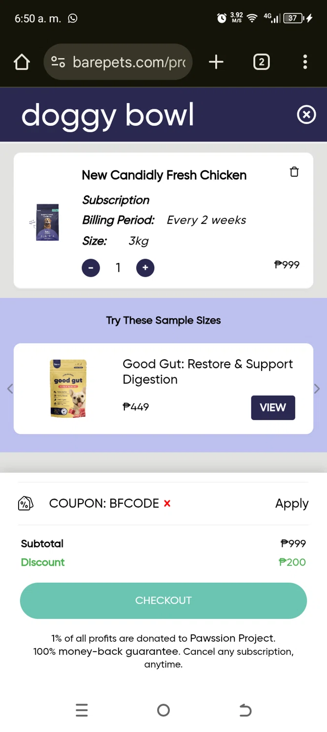 Bare Pets promo code screenshot showing code BFCODE applied at Bare Pets checkout page. Uploaded by SimplyCodes community member TokenAce5969 on Jan 11, 2026