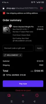 WELCOME557 coupon verification screenshot