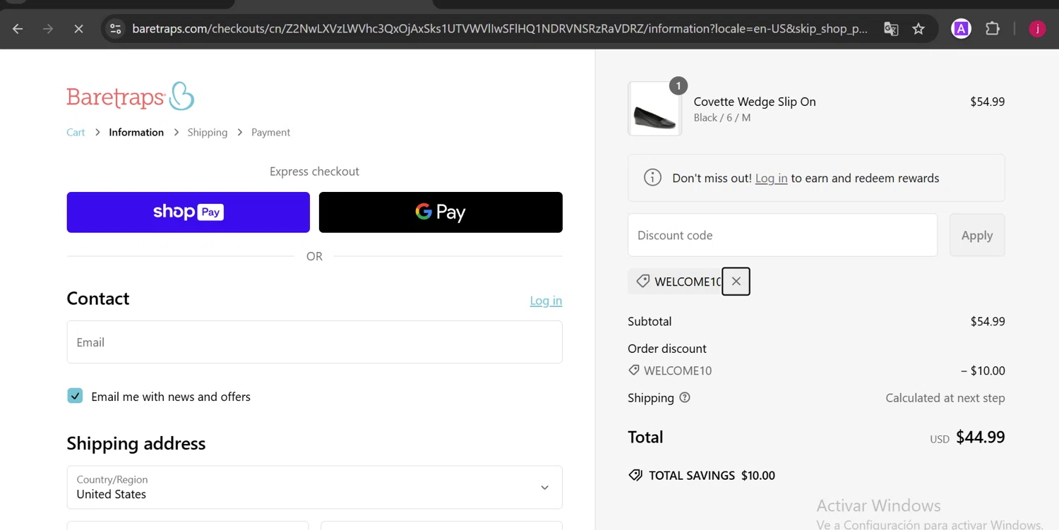 Baretraps promo code screenshot showing code WELCOME10 applied at Baretraps checkout page. Uploaded by SimplyCodes community member DiaCritics on Feb 3, 2025