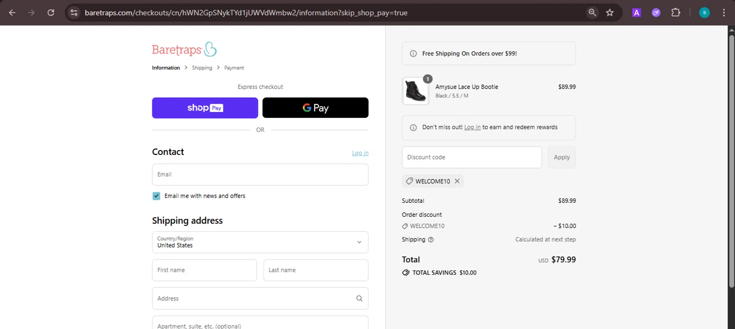 Baretraps promo code screenshot showing code WELCOME10 applied at Baretraps checkout page. Uploaded by SimplyCodes community member ValiantChaser7723 on Aug 27, 2025