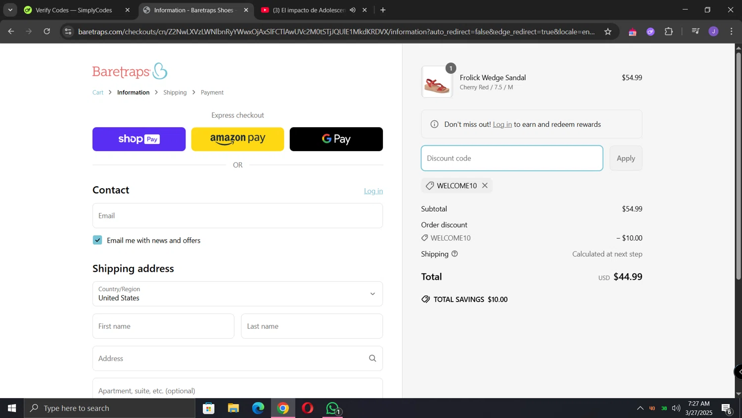 Baretraps promo code screenshot showing code WELCOME10 applied at Baretraps checkout page. Uploaded by SimplyCodes community member lunita on Mar 27, 2025