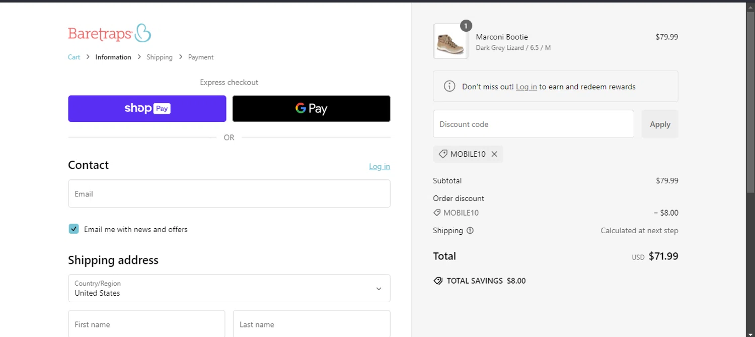 Baretraps promo code screenshot showing code mobile10 applied at Baretraps checkout page. Uploaded by SimplyCodes community member TheNewAge on Jan 4, 2025