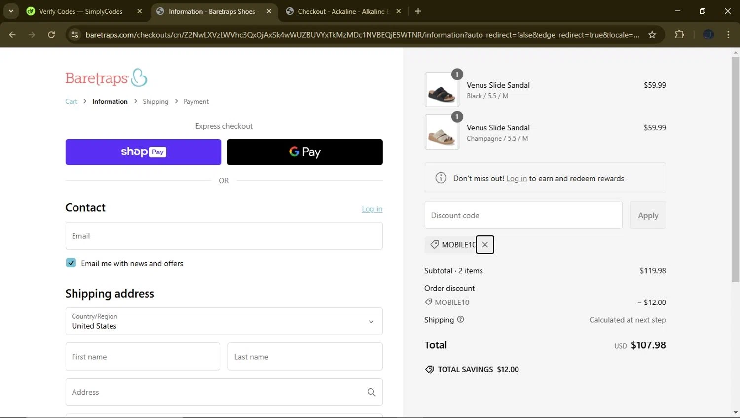 Baretraps promo code screenshot showing code mobile10 applied at Baretraps checkout page. Uploaded by SimplyCodes community member GloriousFinder8415 on Feb 26, 2025