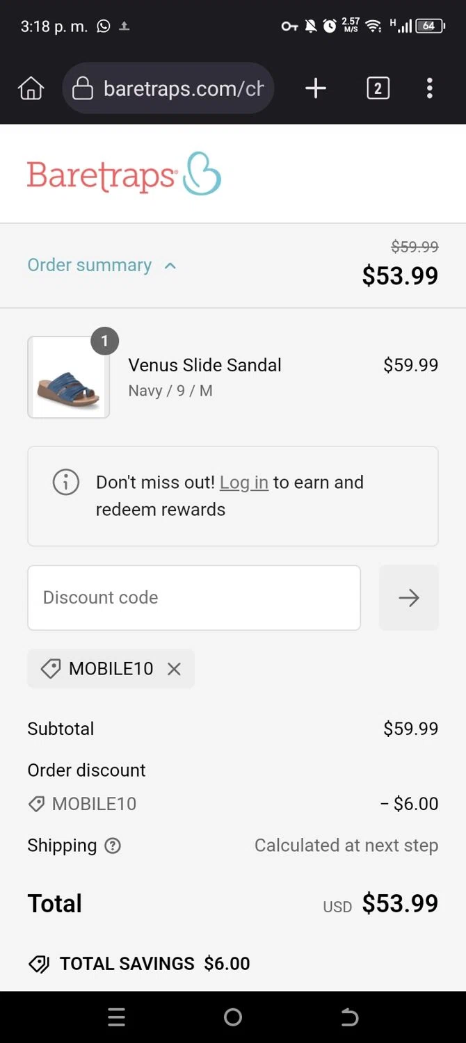 Baretraps promo code screenshot showing code mobile10 applied at Baretraps checkout page. Uploaded by SimplyCodes community member jhonmcflayers on Jan 24, 2025