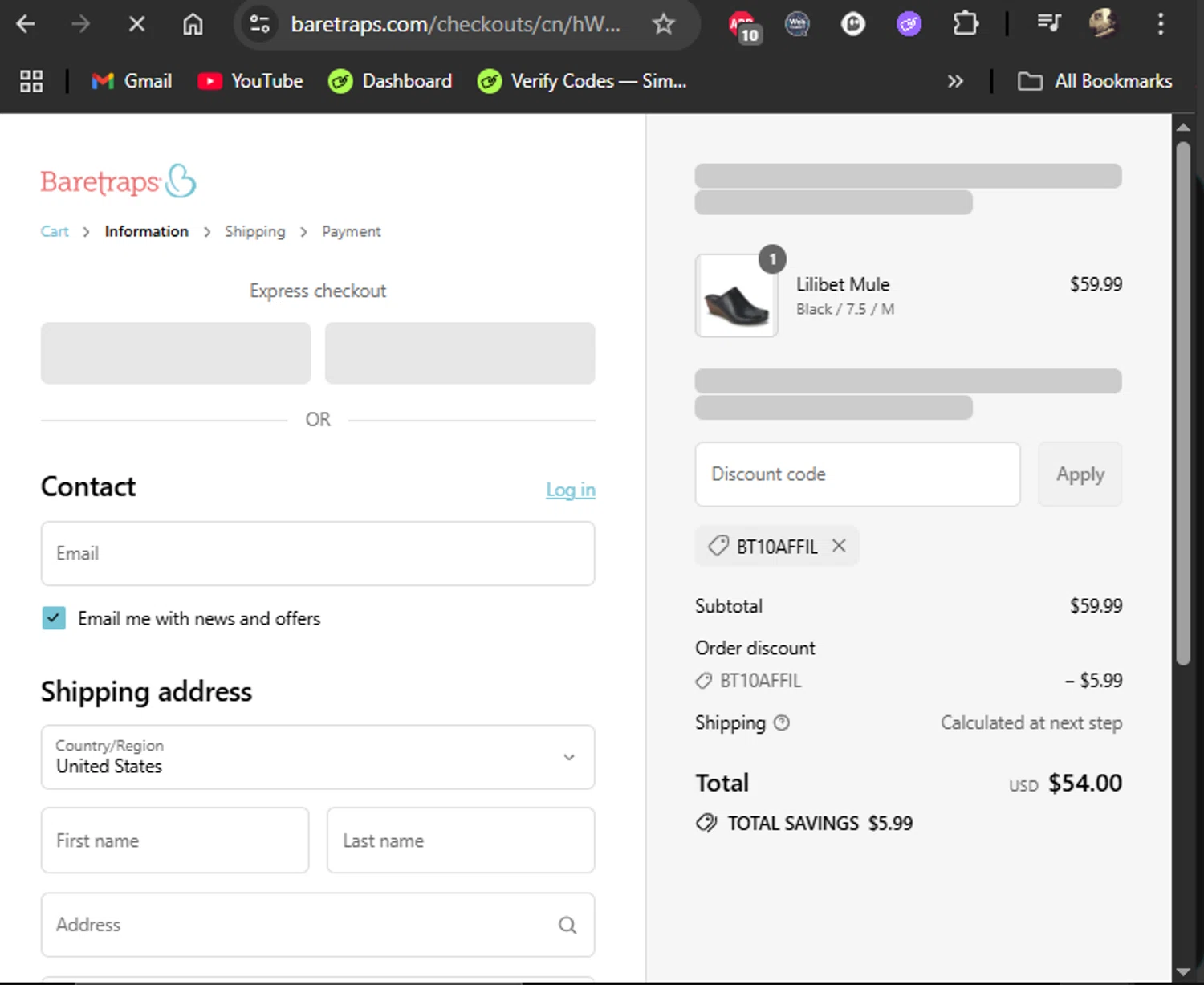Baretraps promo code screenshot showing code BT10AFFIL applied at Baretraps checkout page. Uploaded by SimplyCodes community member LiShang on Aug 9, 2025