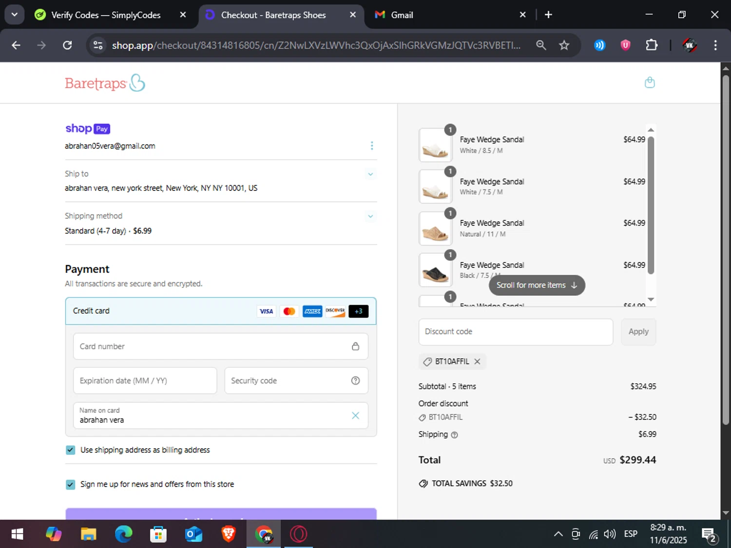 Baretraps promo code screenshot showing code BT10AFFIL applied at Baretraps checkout page. Uploaded by SimplyCodes community member TreasureAdmiral6867 on Jun 11, 2025