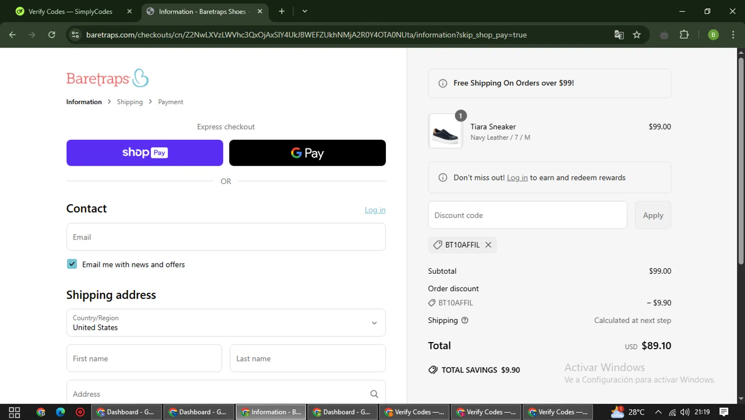 Baretraps promo code screenshot showing code BT10AFFIL applied at Baretraps checkout page. Uploaded by SimplyCodes community member RoyalAdmiral5066 on May 15, 2025