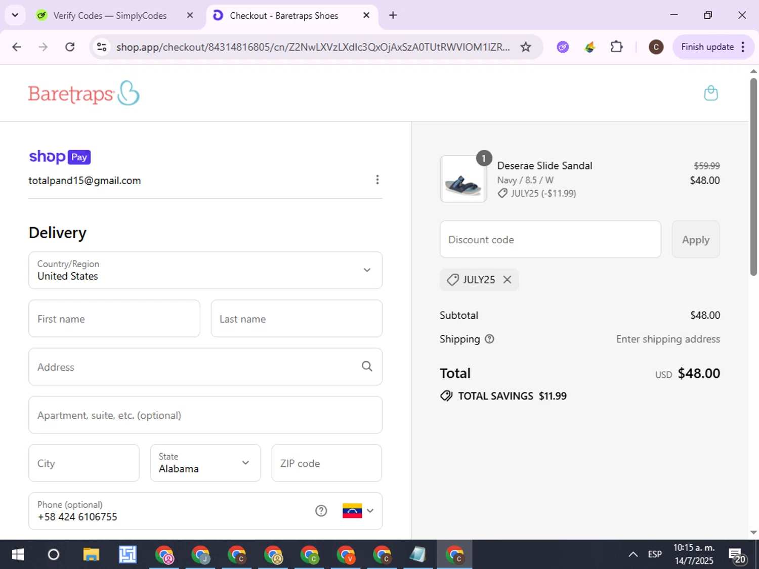 Baretraps promo code screenshot showing code JULY25 applied at Baretraps checkout page. Uploaded by SimplyCodes community member ExtraordinaryPro8536 on Jul 14, 2025