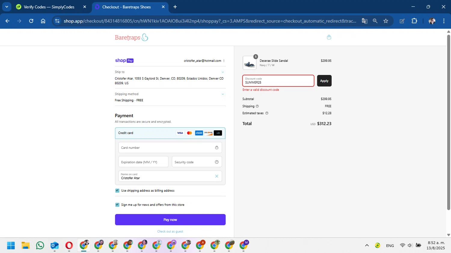 Baretraps promo code screenshot showing code SUMMER25 applied at Baretraps checkout page. Uploaded by SimplyCodes community member DavidMGF on Aug 13, 2025