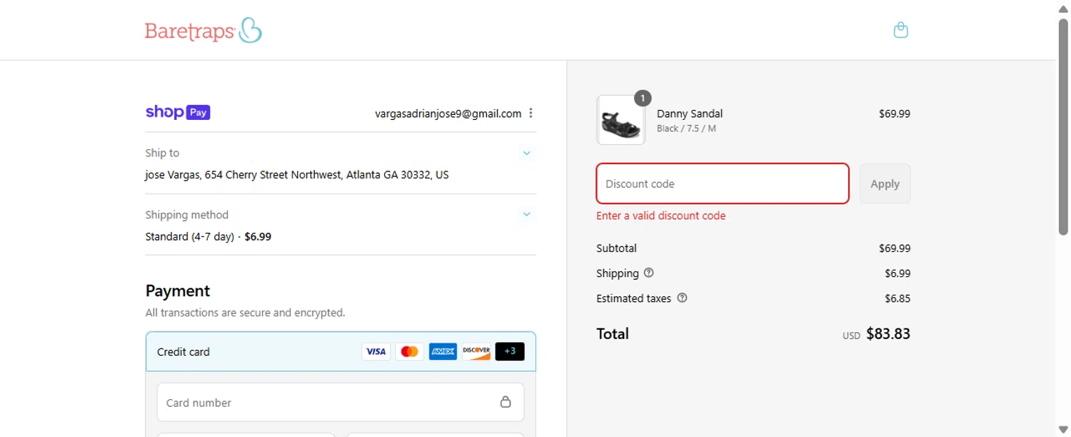Baretraps promo code screenshot showing code SUMMER25 applied at Baretraps checkout page. Uploaded by SimplyCodes community member Rossimar on Aug 13, 2025